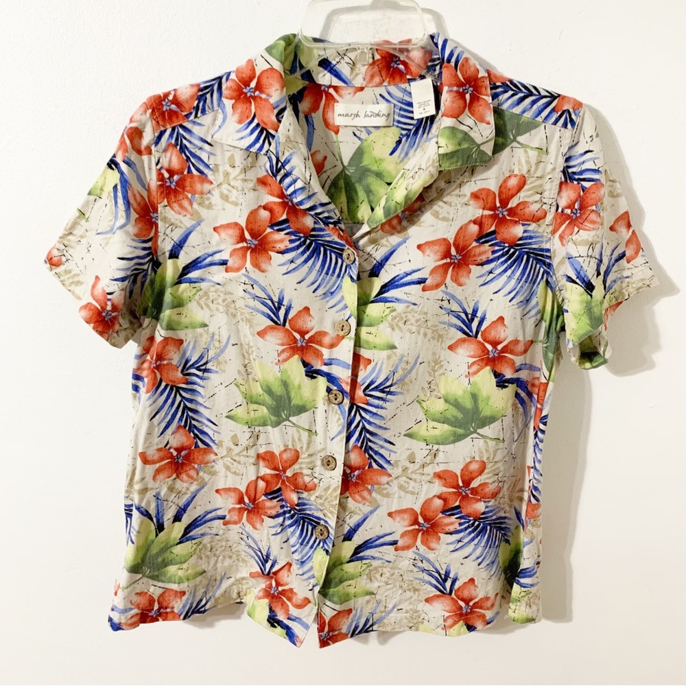 Marsh Landing Tropical Floral Short Sleeve Button Front Blouse Pointed Collar 🌺